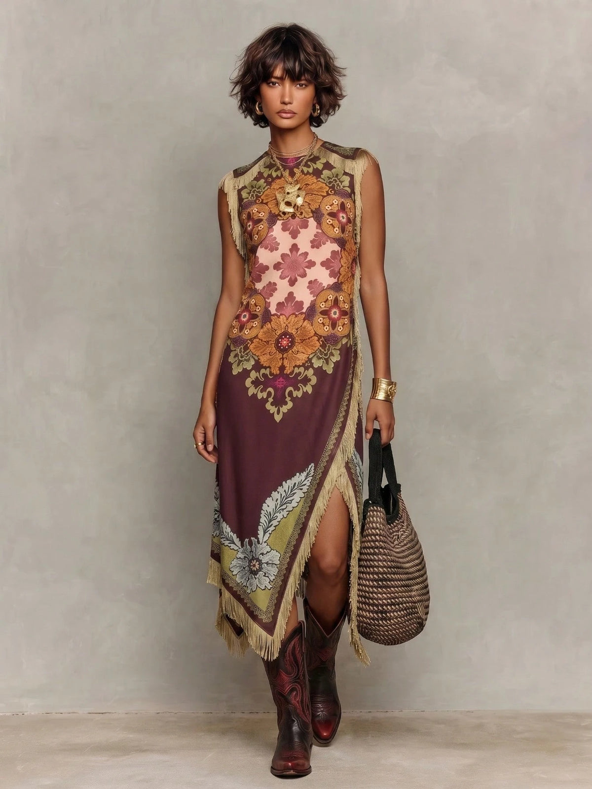 Women's Boho Satin Maxi Tunic Dress With Fringe & Embroidery, Round Neck Sleeveless Asymmetrical Long Dress, Slight Stretch Fabric For Bohemian Style