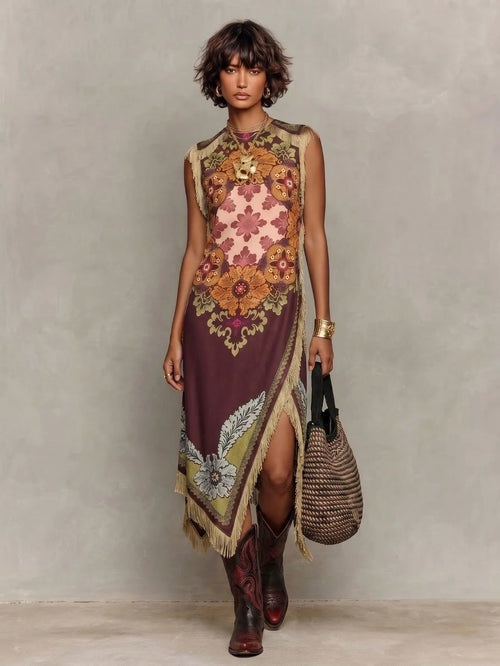 Women's Boho Satin Maxi Tunic Dress With Fringe & Embroidery, Round Neck Sleeveless Asymmetrical Long Dress, Slight Stretch Fabric For Bohemian Style