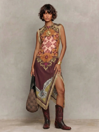 Women's Boho Satin Maxi Tunic Dress With Fringe & Embroidery, Round Neck Sleeveless Asymmetrical Long Dress, Slight Stretch Fabric For Bohemian Style