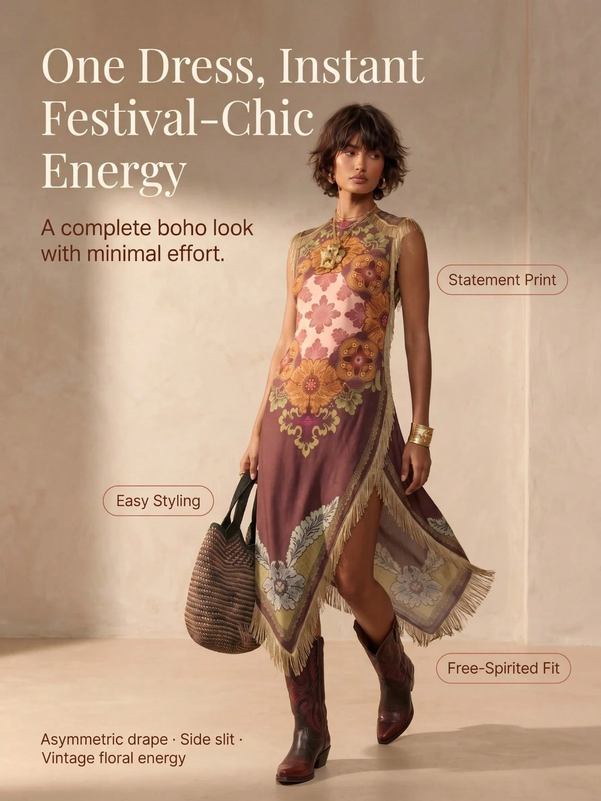 Women's Boho Satin Maxi Tunic Dress With Fringe & Embroidery, Round Neck Sleeveless Asymmetrical Long Dress, Slight Stretch Fabric For Bohemian Style