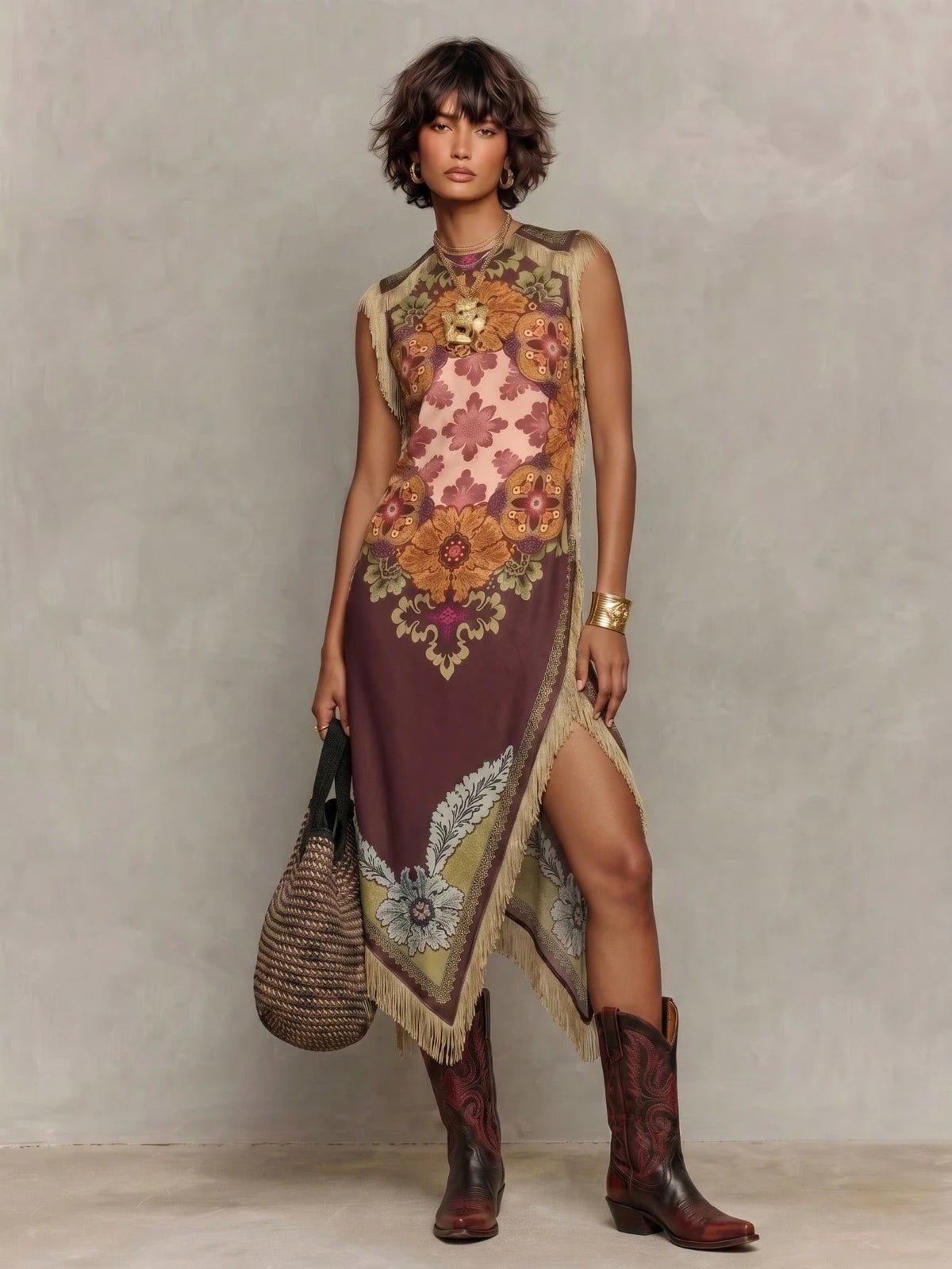 Women's Boho Satin Maxi Tunic Dress With Fringe & Embroidery, Round Neck Sleeveless Asymmetrical Long Dress, Slight Stretch Fabric For Bohemian Style