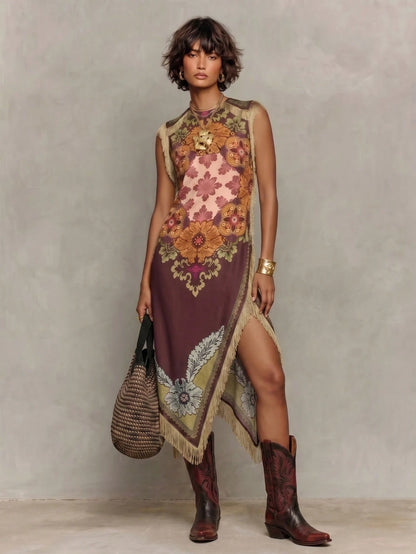 Women's Boho Satin Maxi Tunic Dress With Fringe & Embroidery, Round Neck Sleeveless Asymmetrical Long Dress, Slight Stretch Fabric For Bohemian Style