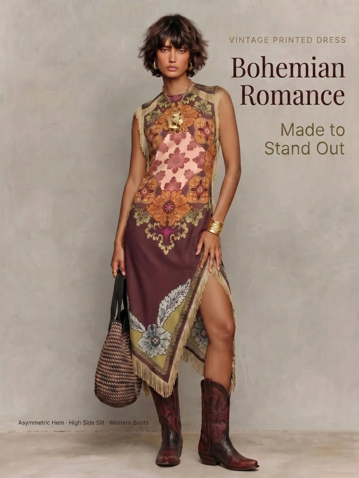 Women's Boho Satin Maxi Tunic Dress With Fringe & Embroidery, Round Neck Sleeveless Asymmetrical Long Dress, Slight Stretch Fabric For Bohemian Style