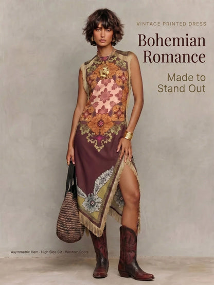 Women's Boho Satin Maxi Tunic Dress With Fringe & Embroidery, Round Neck Sleeveless Asymmetrical Long Dress, Slight Stretch Fabric For Bohemian Style