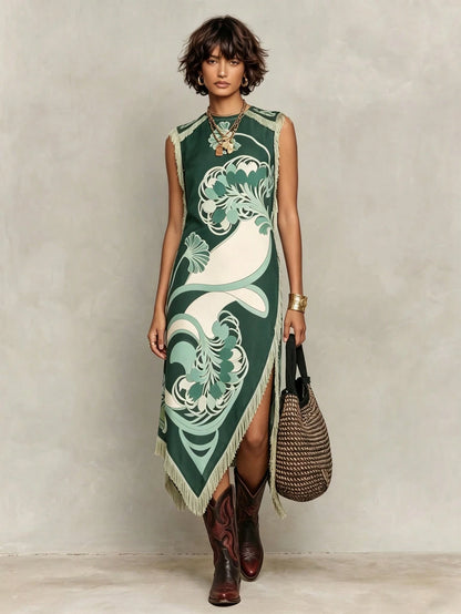 Women's Boho Satin Maxi Tunic Dress With Fringe & Embroidery, Round Neck Sleeveless Asymmetrical Long Dress, Slight Stretch Fabric For Bohemian Style
