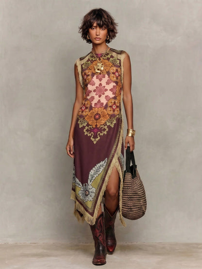 Women's Boho Satin Maxi Tunic Dress With Fringe & Embroidery, Round Neck Sleeveless Asymmetrical Long Dress, Slight Stretch Fabric For Bohemian Style