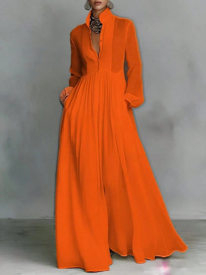 Women's Button-Down Maxi Shirt Dress, Long Sleeve Stand Collar Pleated Flowy Dress, Casual Elegant Outfit With Pockets