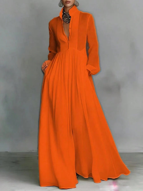 Women's Button-Down Maxi Shirt Dress, Long Sleeve Stand Collar Pleated Flowy Dress, Casual Elegant Outfit With Pockets