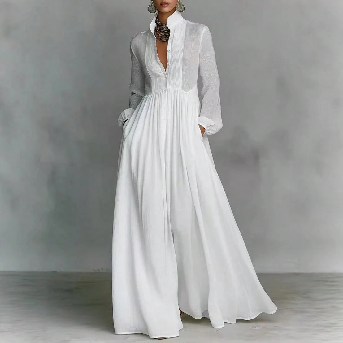 Women's Button-Down Maxi Shirt Dress, Long Sleeve Stand Collar Pleated Flowy Dress, Casual Elegant Outfit With Pockets