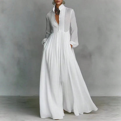 Women's Button-Down Maxi Shirt Dress, Long Sleeve Stand Collar Pleated Flowy Dress, Casual Elegant Outfit With Pockets