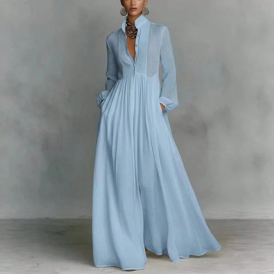 Women's Button-Down Maxi Shirt Dress, Long Sleeve Stand Collar Pleated Flowy Dress, Casual Elegant Outfit With Pockets