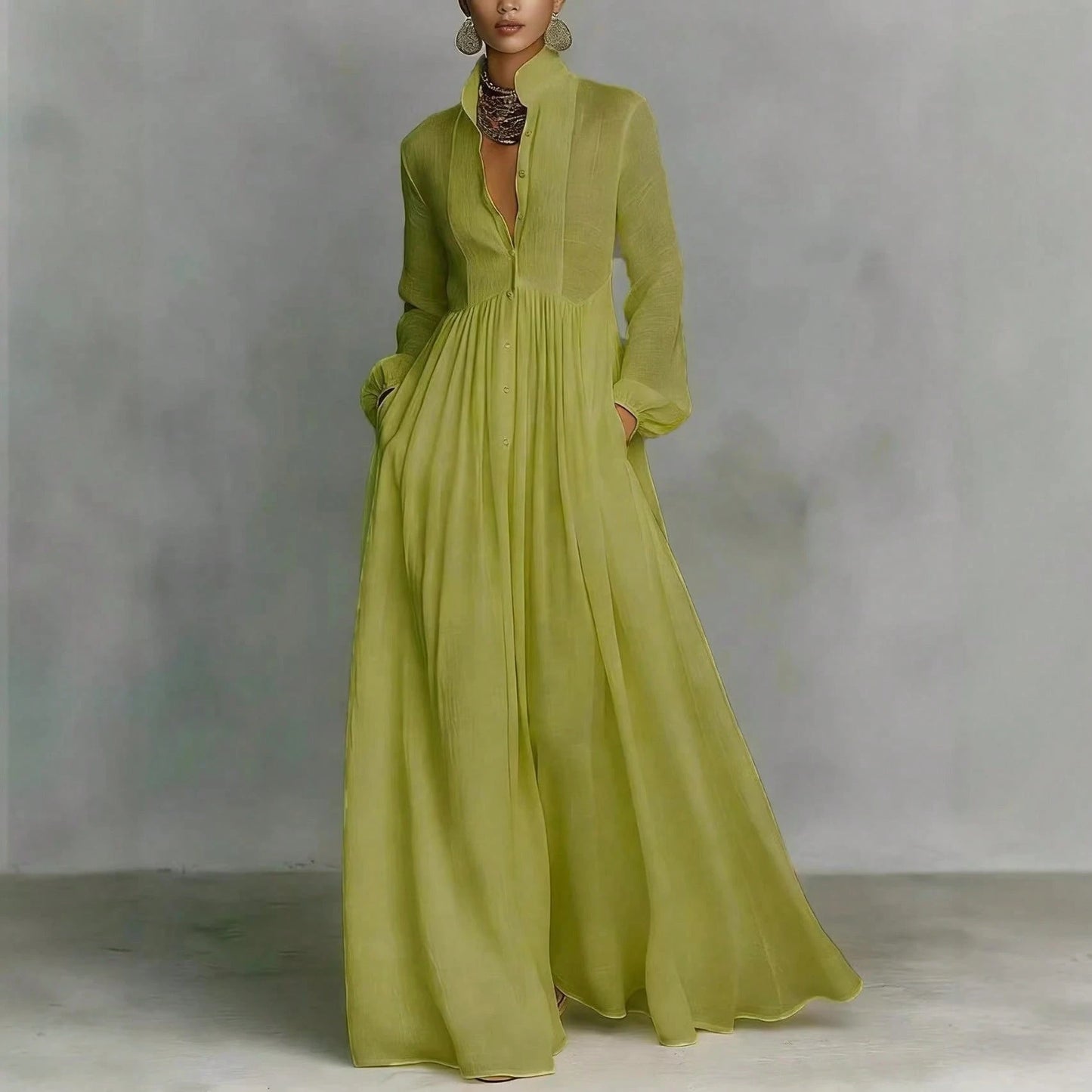 Women's Button-Down Maxi Shirt Dress, Long Sleeve Stand Collar Pleated Flowy Dress, Casual Elegant Outfit With Pockets