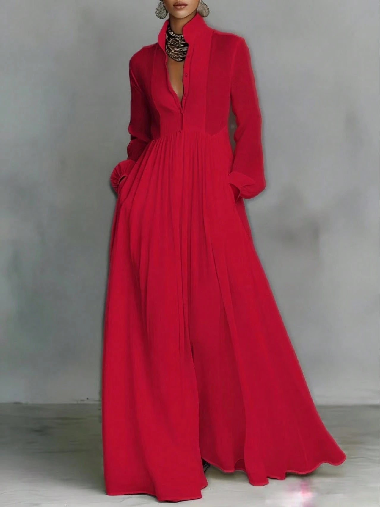 Women's Button-Down Maxi Shirt Dress, Long Sleeve Stand Collar Pleated Flowy Dress, Casual Elegant Outfit With Pockets