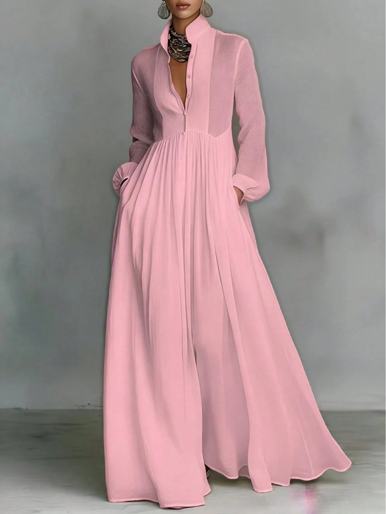 Women's Button-Down Maxi Shirt Dress, Long Sleeve Stand Collar Pleated Flowy Dress, Casual Elegant Outfit With Pockets