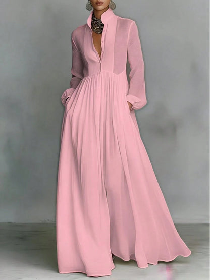Women's Button-Down Maxi Shirt Dress, Long Sleeve Stand Collar Pleated Flowy Dress, Casual Elegant Outfit With Pockets