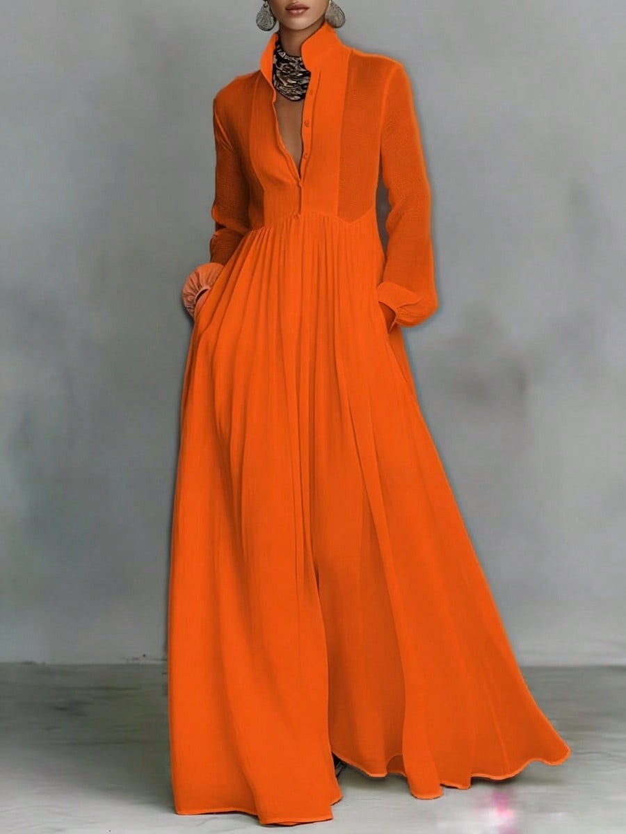Women's Button-Down Maxi Shirt Dress, Long Sleeve Stand Collar Pleated Flowy Dress, Casual Elegant Outfit With Pockets