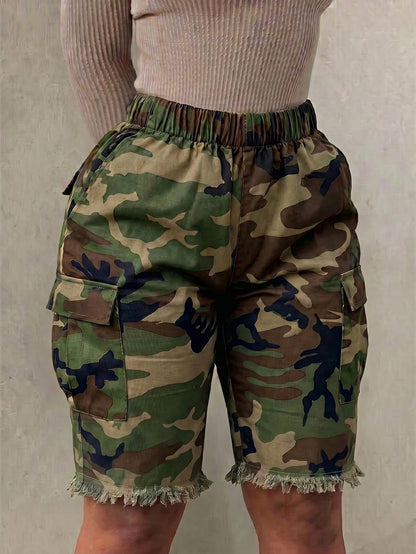 Women's Camouflage Elastic Waist Cargo Shorts, Casual Raw Hem Streetwear Mini Bottoms, Y2K & Everyday Outfits