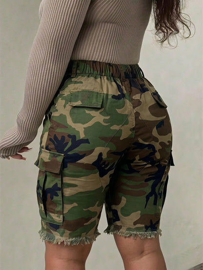 Women's Camouflage Elastic Waist Cargo Shorts, Casual Raw Hem Streetwear Mini Bottoms, Y2K & Everyday Outfits