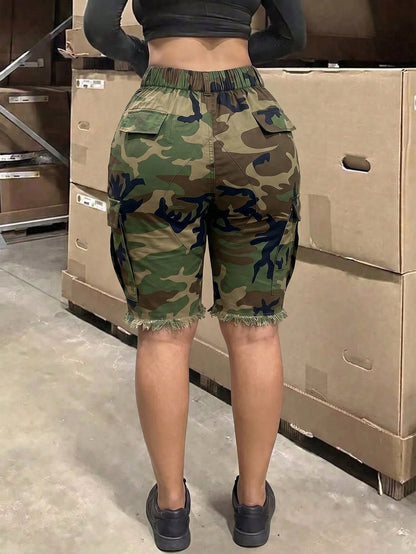 Women's Camouflage Elastic Waist Cargo Shorts, Casual Raw Hem Streetwear Mini Bottoms, Y2K & Everyday Outfits