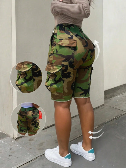 Women's Camouflage Elastic Waist Cargo Shorts, Casual Raw Hem Streetwear Mini Bottoms, Y2K & Everyday Outfits