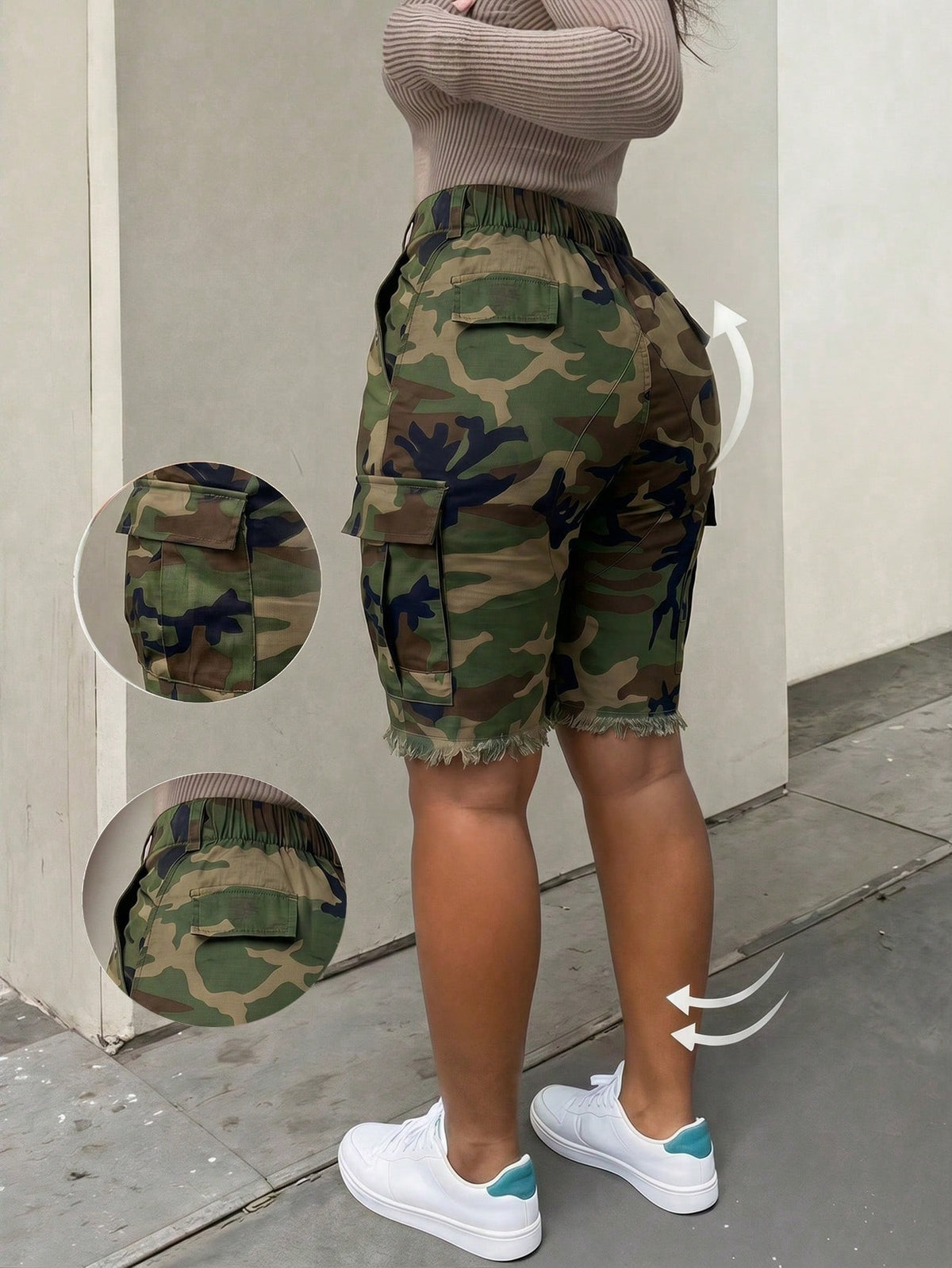 Women's Camouflage Elastic Waist Cargo Shorts, Casual Raw Hem Streetwear Mini Bottoms, Y2K & Everyday Outfits