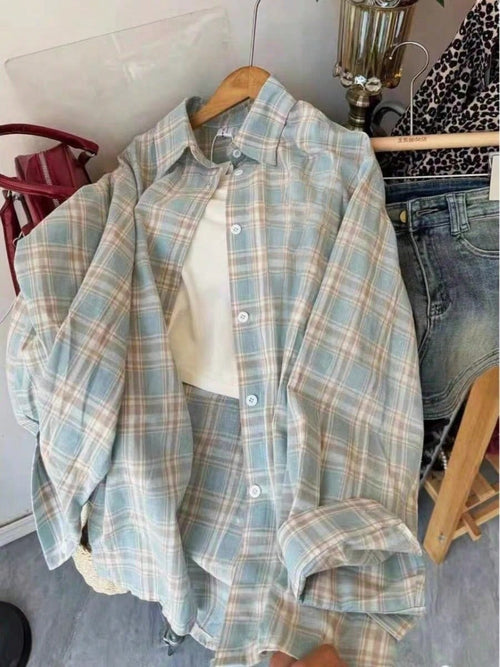 Women's Casual Blue Plaid Long Sleeve Button-Front Polyester Shirt, Regular Fit, Spring Clothes, Effortless Style