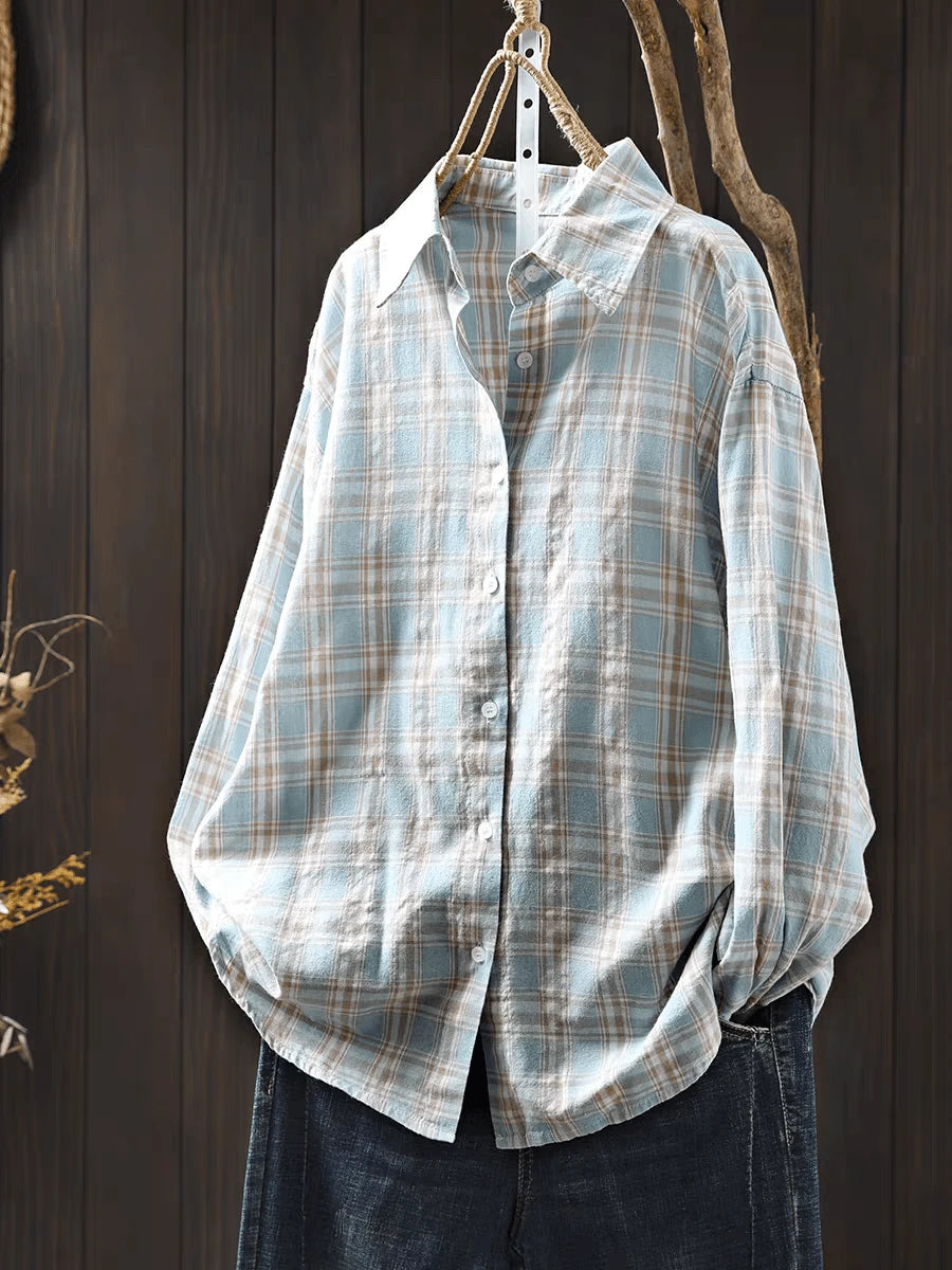 Women's Casual Blue Plaid Long Sleeve Button-Front Polyester Shirt, Regular Fit, Spring Clothes, Effortless Style