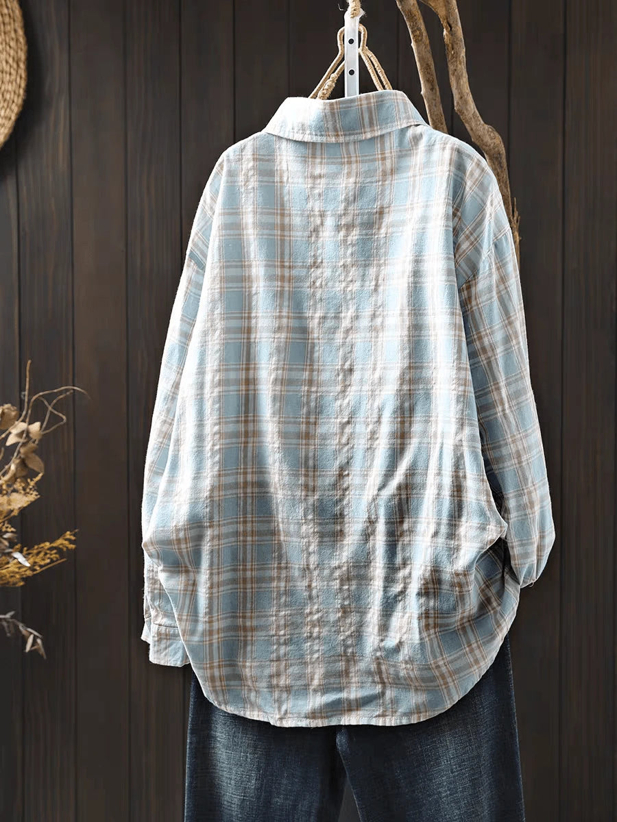 Women's Casual Blue Plaid Long Sleeve Button-Front Polyester Shirt, Regular Fit, Spring Clothes, Effortless Style