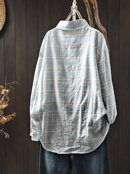 Women's Casual Blue Plaid Long Sleeve Button-Front Polyester Shirt, Regular Fit, Spring Clothes, Effortless Style