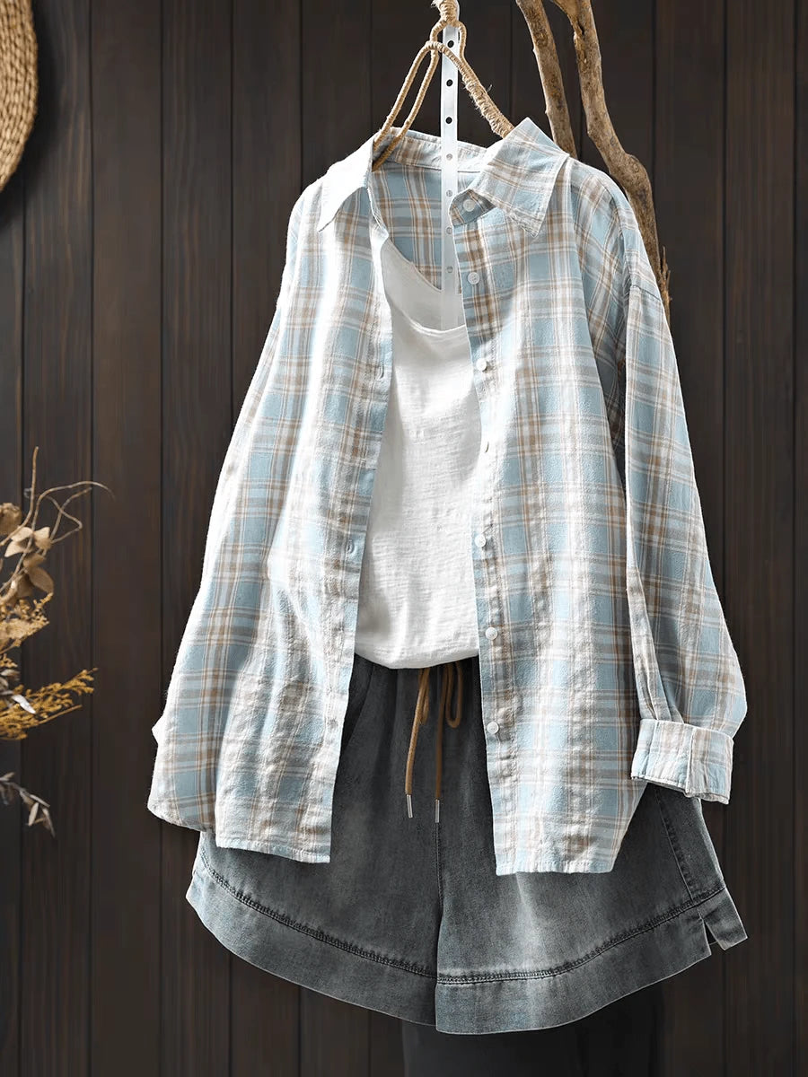 Women's Casual Blue Plaid Long Sleeve Button-Front Polyester Shirt, Regular Fit, Spring Clothes, Effortless Style