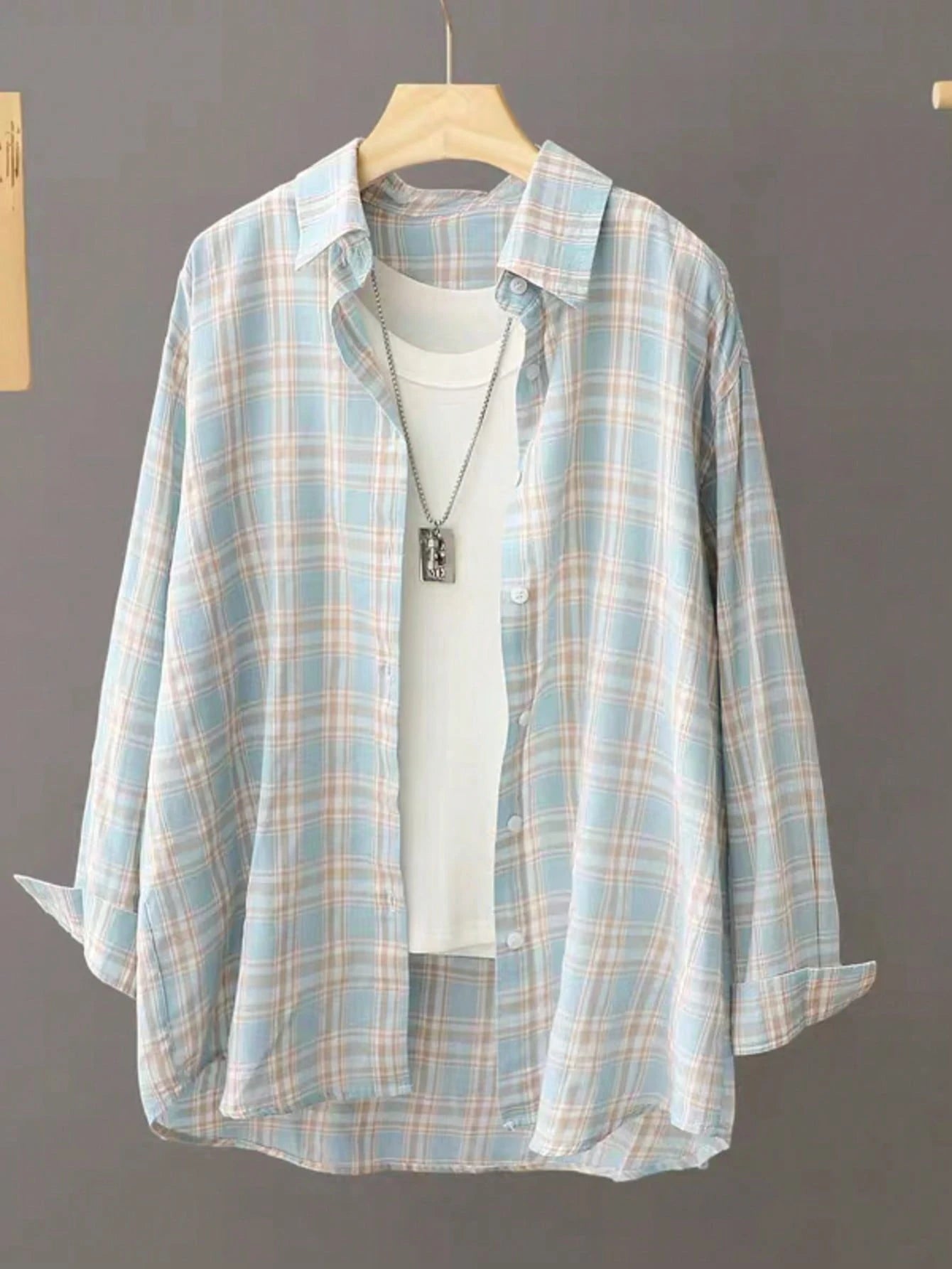 Women's Casual Blue Plaid Long Sleeve Button-Front Polyester Shirt, Regular Fit, Spring Clothes, Effortless Style
