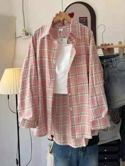 Women's Casual Blue Plaid Long Sleeve Button-Front Polyester Shirt, Regular Fit, Spring Clothes, Effortless Style