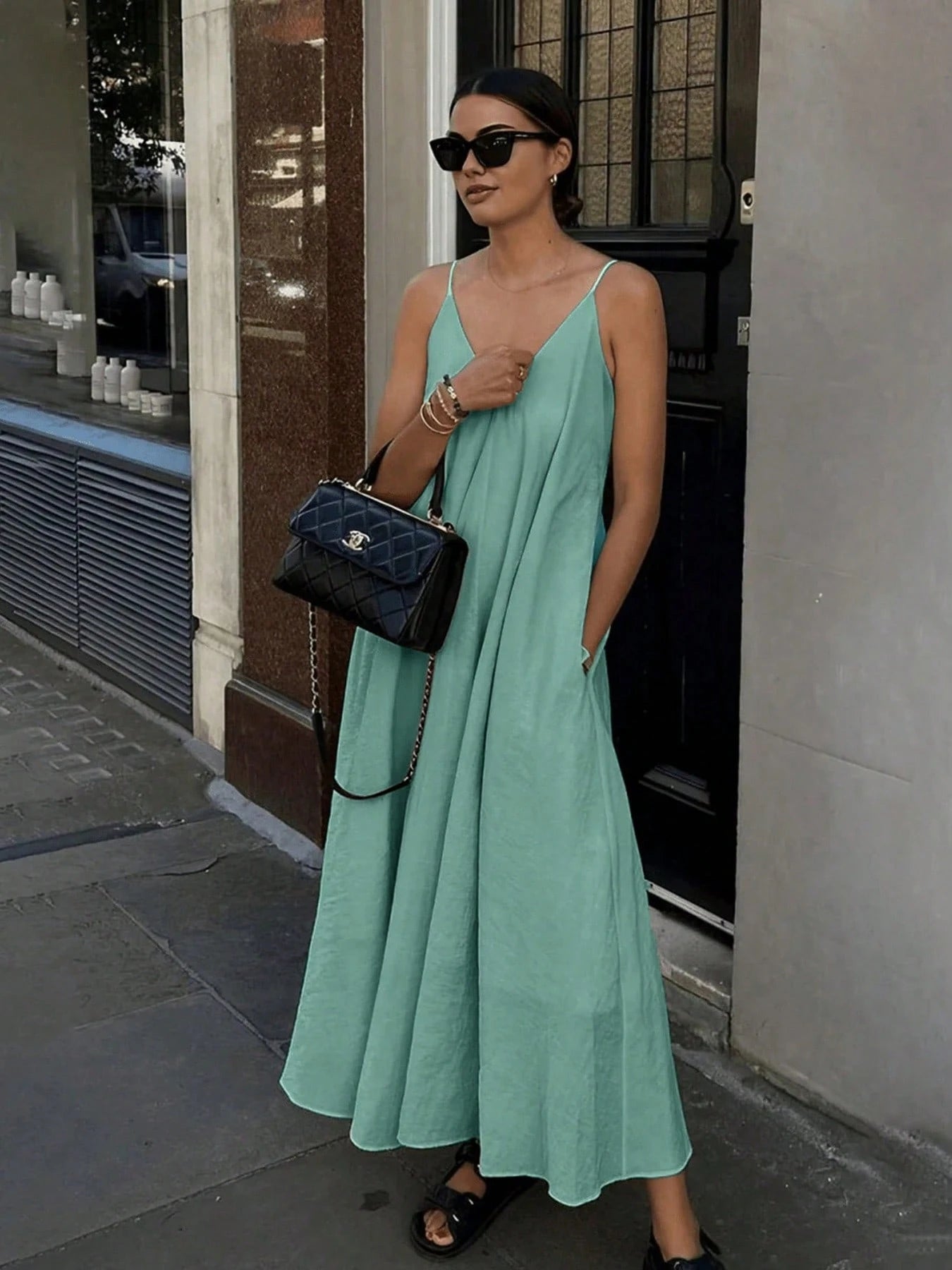 Women's Casual Elegant Solid Color Spaghetti Strap Dress, Minimalist Fashion Suitable For Summer Party