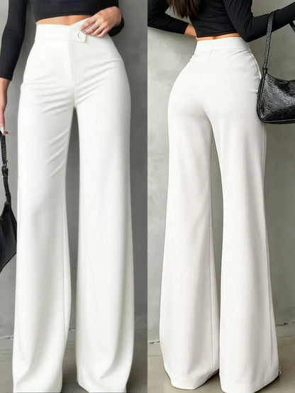 Women's Casual Elegant Straight-Leg Pants, Black, V-Shaped Design At Back Waist Accentuates Curves, Suitable For School, Work, Dates, Holidays And Other Daily Occasions White