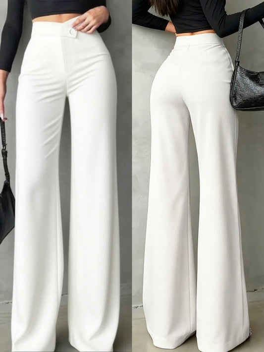 Women's Casual Elegant Straight-Leg Pants, Black, V-Shaped Design At Back Waist Accentuates Curves, Suitable For School, Work, Dates, Holidays And Other Daily Occasions White