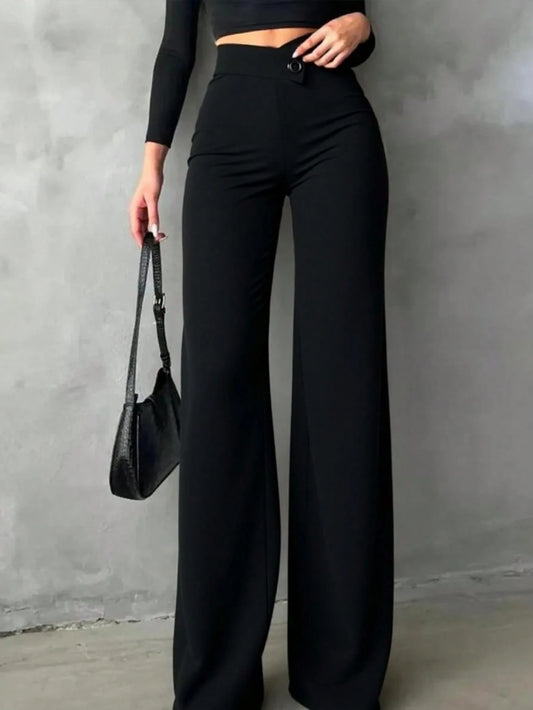 Women's Casual Elegant Straight Leg Pants, Summer Trousers With Asymmetric V-Waistline To Accentuate Curves, Back To School, Work Commute Black, Office Siren