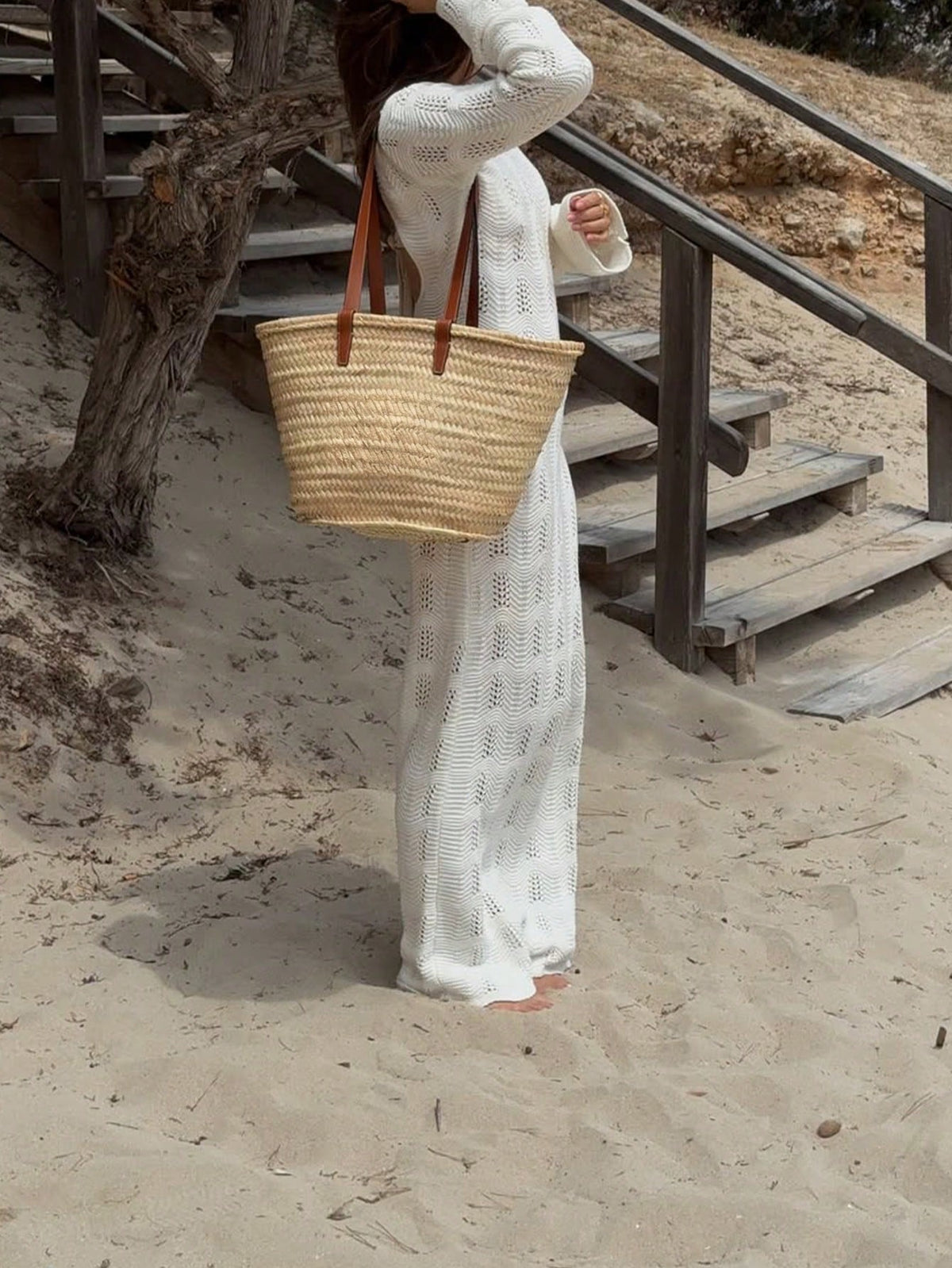 Women's Casual Elegant Versatile Solid Color Round Neck Fitted Shoulder Fitted Long Bell Sleeve Faux Pearl Button Knit Cover Up Beach Vacation White