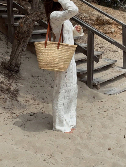 Women's Casual Elegant Versatile Solid Color Round Neck Fitted Shoulder Fitted Long Bell Sleeve Faux Pearl Button Knit Cover Up Beach Vacation White