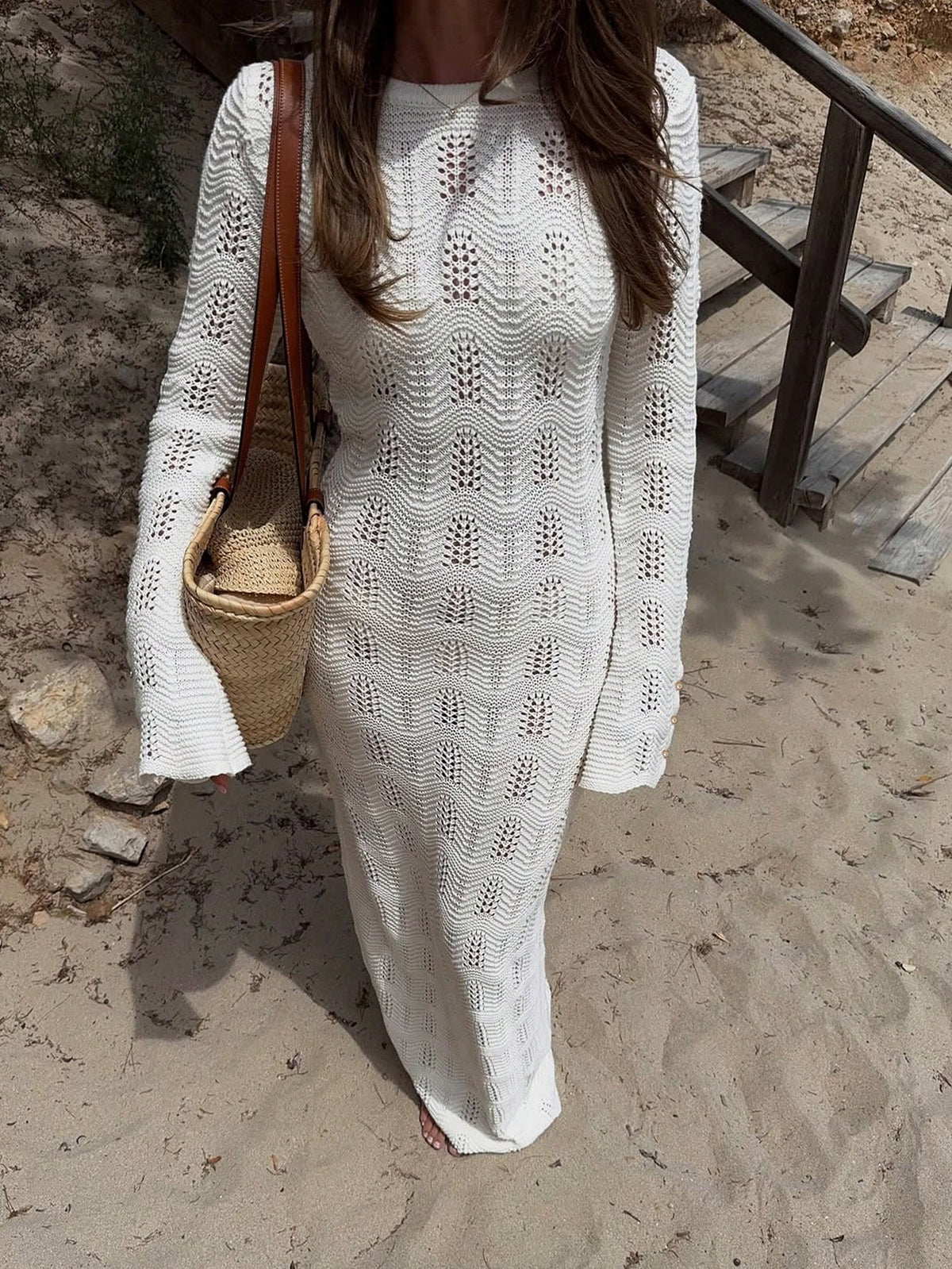 Women's Casual Elegant Versatile Solid Color Round Neck Fitted Shoulder Fitted Long Bell Sleeve Faux Pearl Button Knit Cover Up Beach Vacation White