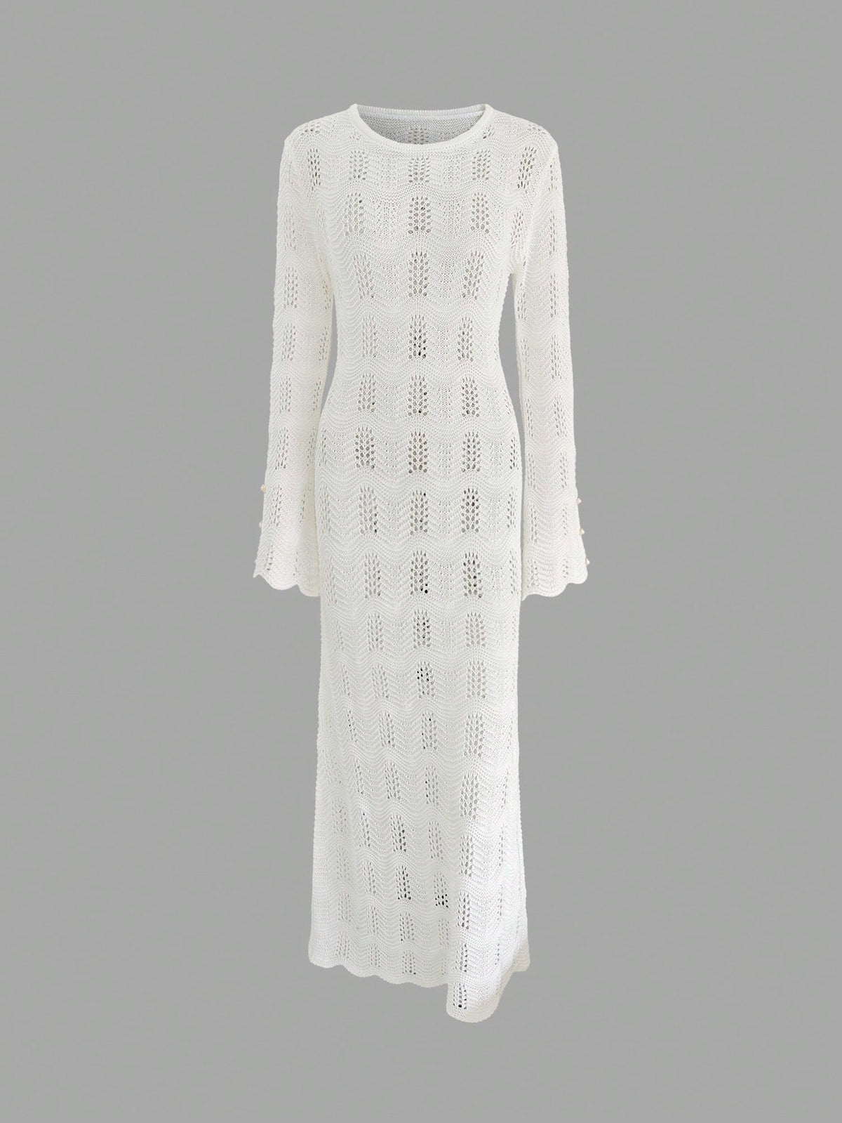 Women's Casual Elegant Versatile Solid Color Round Neck Fitted Shoulder Fitted Long Bell Sleeve Faux Pearl Button Knit Cover Up Beach Vacation White