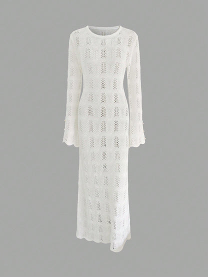 Women's Casual Elegant Versatile Solid Color Round Neck Fitted Shoulder Fitted Long Bell Sleeve Faux Pearl Button Knit Cover Up Beach Vacation White