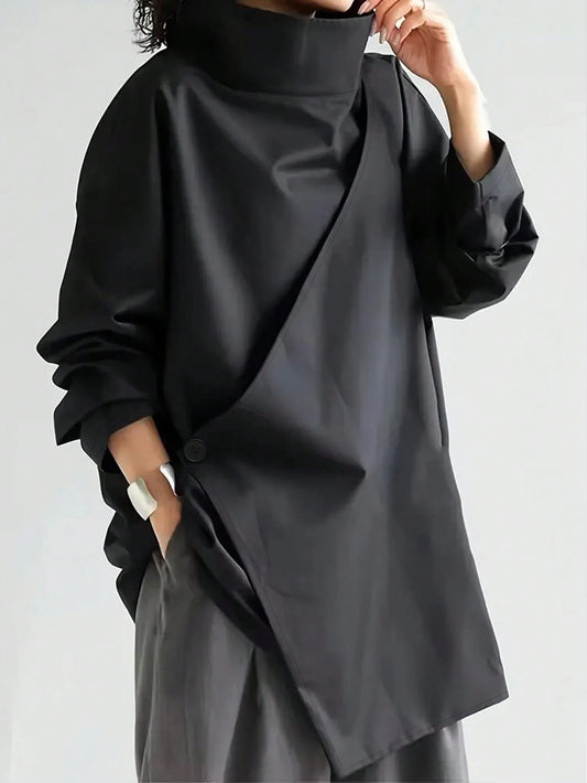 Women's Casual High Neck Loose Pullover Sweater, Solid Color Woven Fabric, Button Decor, Suitable For Office, Daily Wear, Vacation, Spring/Autumn Black