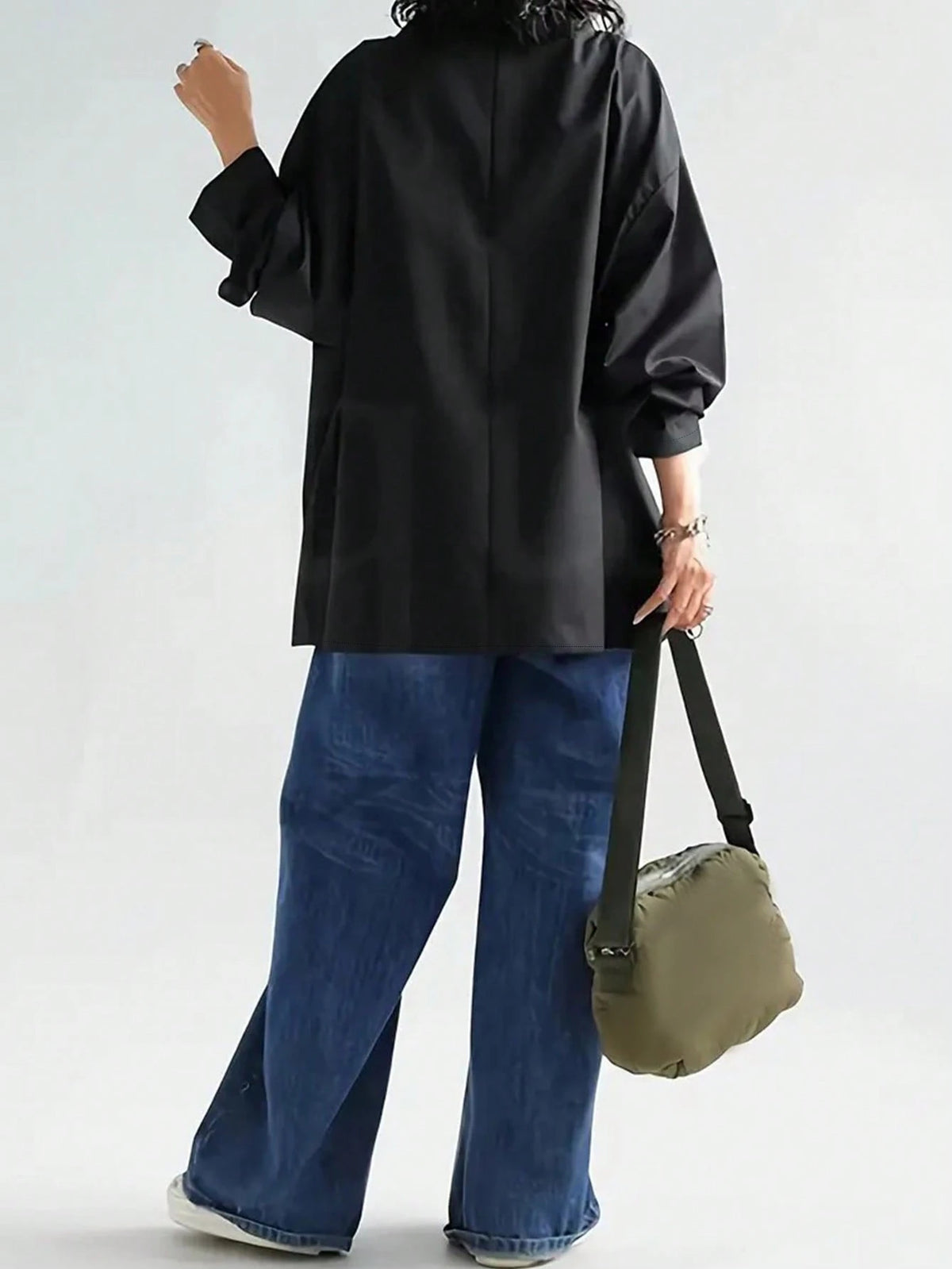 Women's Casual High Neck Loose Pullover Sweater, Solid Color Woven Fabric, Button Decor, Suitable For Office, Daily Wear, Vacation, Spring/Autumn Black