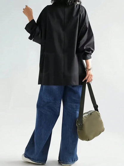 Women's Casual High Neck Loose Pullover Sweater, Solid Color Woven Fabric, Button Decor, Suitable For Office, Daily Wear, Vacation, Spring/Autumn Black