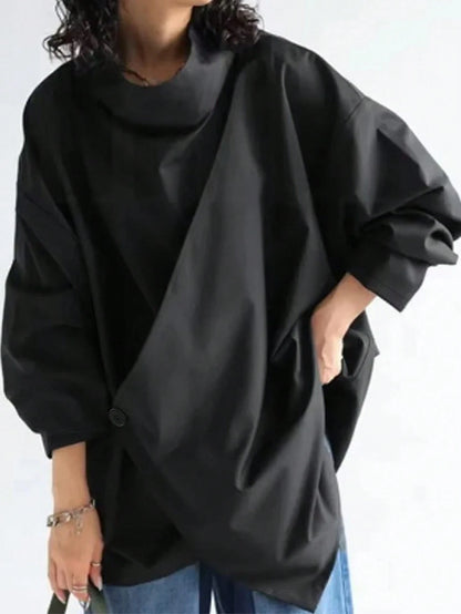 Women's Casual High Neck Loose Pullover Sweater, Solid Color Woven Fabric, Button Decor, Suitable For Office, Daily Wear, Vacation, Spring/Autumn Black