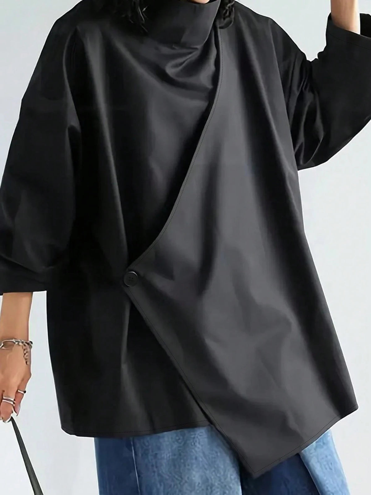 Women's Casual High Neck Loose Pullover Sweater, Solid Color Woven Fabric, Button Decor, Suitable For Office, Daily Wear, Vacation, Spring/Autumn Black