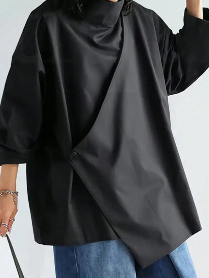 Women's Casual High Neck Loose Pullover Sweater, Solid Color Woven Fabric, Button Decor, Suitable For Office, Daily Wear, Vacation, Spring/Autumn Black