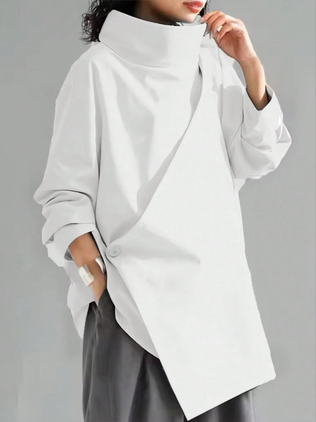 Women's Casual High Neck Loose Pullover Sweater, Solid Color Woven Fabric, Button Decor, Suitable For Office, Daily Wear, Vacation, Spring/Autumn Black