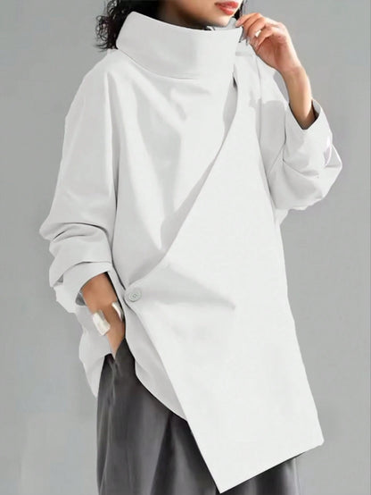 Women's Casual High Neck Loose Pullover Sweater, Solid Color Woven Fabric, Button Decor, Suitable For Office, Daily Wear, Vacation, Spring/Autumn Black