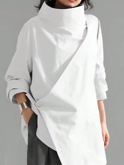 Women's Casual High Neck Loose Pullover Sweater, Solid Color Woven Fabric, Button Decor, Suitable For Office, Daily Wear, Vacation, Spring/Autumn Black